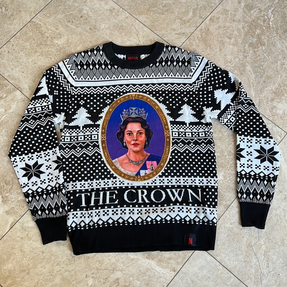 Netflix ugly Christmas Sweater The Crown promotional sweater